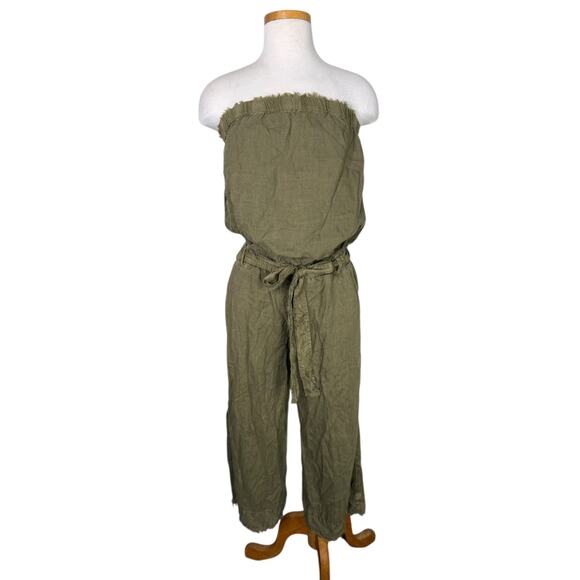Cloth & Stone Anthro Green Strapless Frayed Cropped Jumpsuit Wide Leg Large - Picture 1 of 7